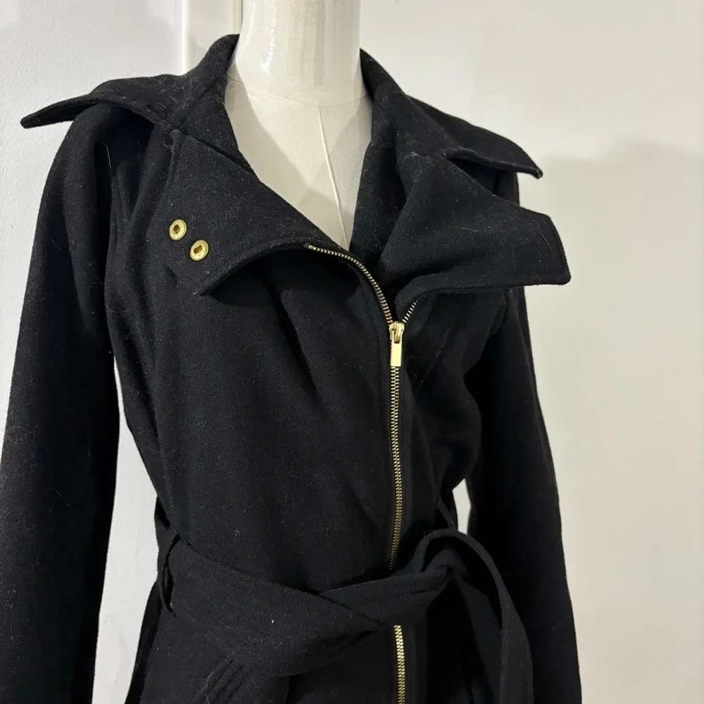 Women’s Sz Small Asymmetrical Wool Blend Black Wrap Peacoat Siena Studio Belted - Picture 2 of 9